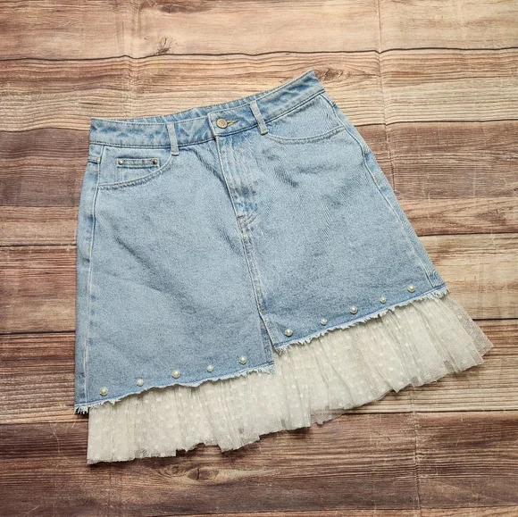 Ochirly Asymetrical Denim Lace Pearl Beaded Jean Skirt - Picture 3 of 12